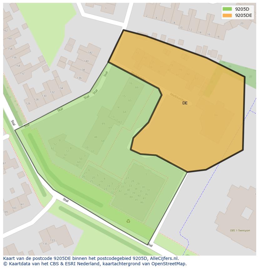Afbeelding van het postcodegebied 9205 DE op de kaart.