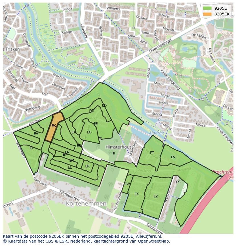 Afbeelding van het postcodegebied 9205 EK op de kaart.