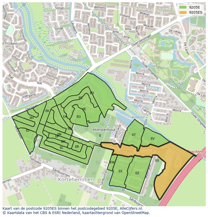 Afbeelding van het postcodegebied 9205 ES op de kaart.
