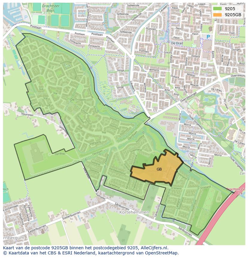 Afbeelding van het postcodegebied 9205 GB op de kaart.