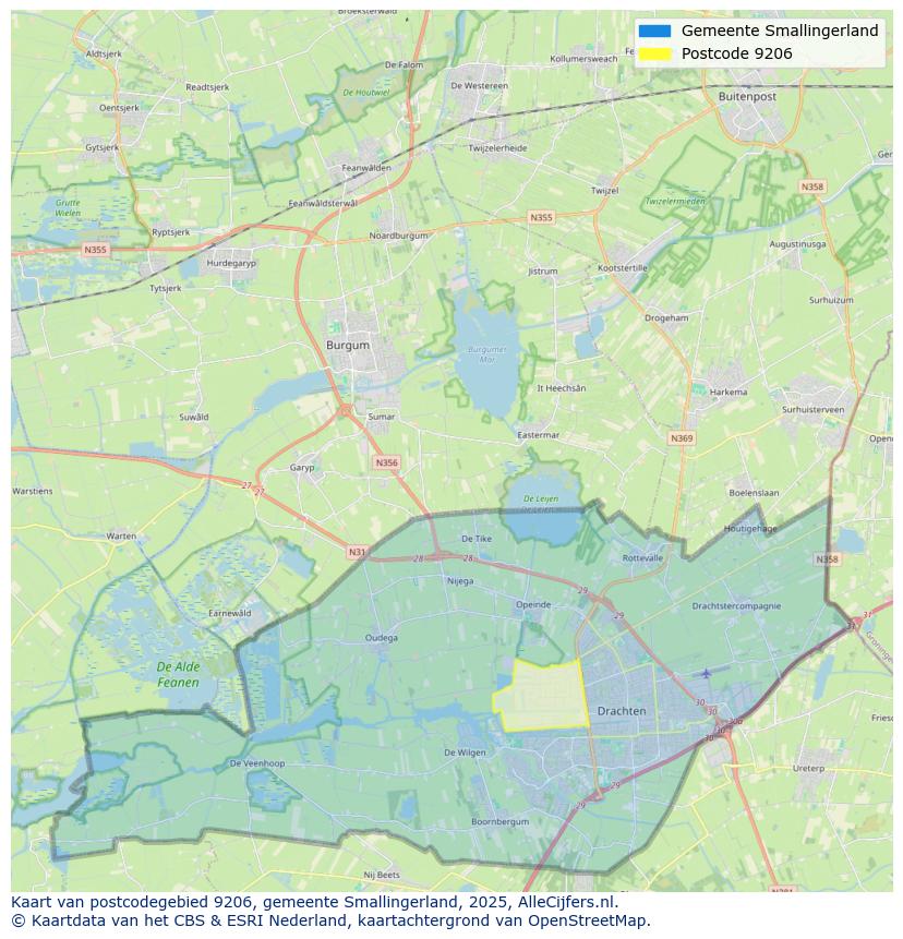 Afbeelding van het postcodegebied 9206 op de kaart.