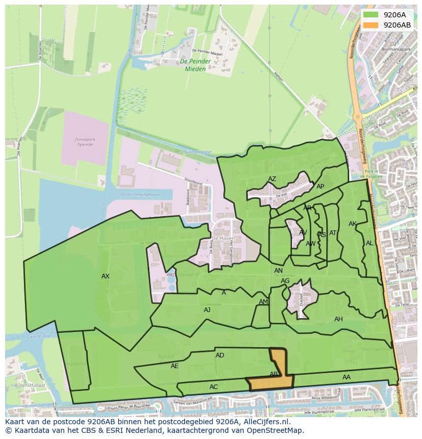 Afbeelding van het postcodegebied 9206 AB op de kaart.