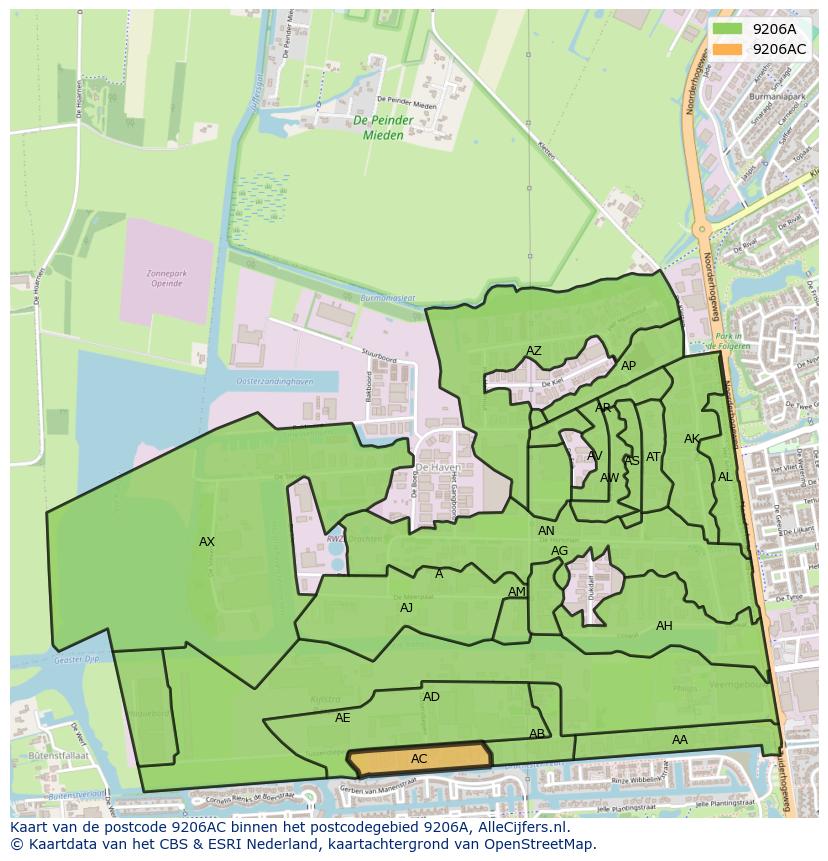 Afbeelding van het postcodegebied 9206 AC op de kaart.