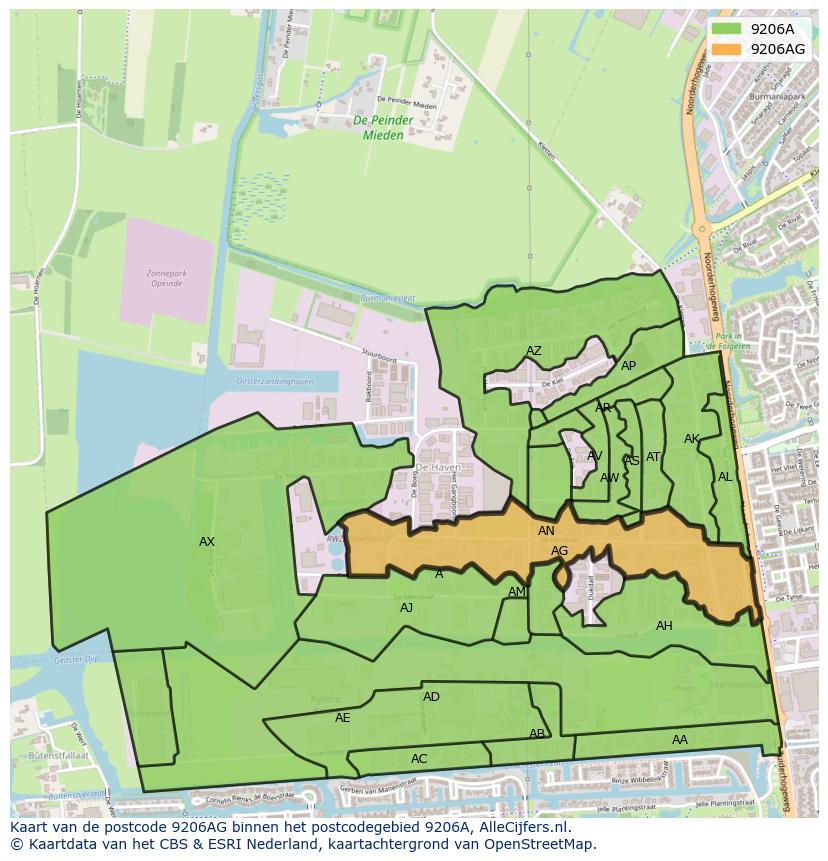 Afbeelding van het postcodegebied 9206 AG op de kaart.
