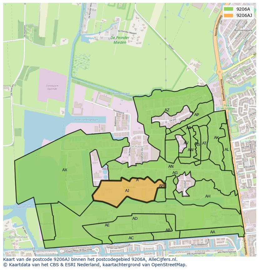 Afbeelding van het postcodegebied 9206 AJ op de kaart.