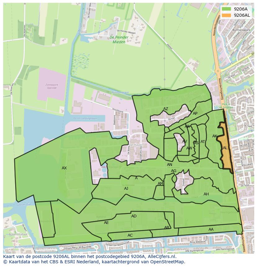 Afbeelding van het postcodegebied 9206 AL op de kaart.
