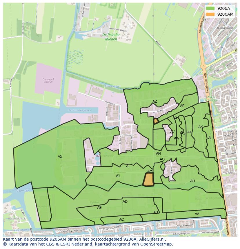 Afbeelding van het postcodegebied 9206 AM op de kaart.