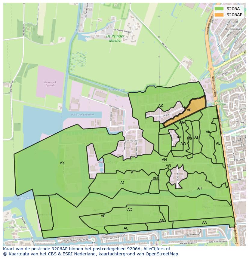 Afbeelding van het postcodegebied 9206 AP op de kaart.