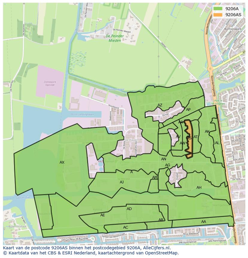 Afbeelding van het postcodegebied 9206 AS op de kaart.