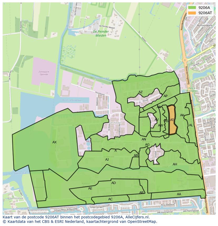 Afbeelding van het postcodegebied 9206 AT op de kaart.