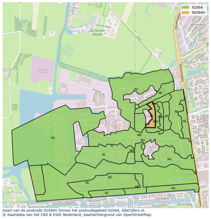 Afbeelding van het postcodegebied 9206 AV op de kaart.