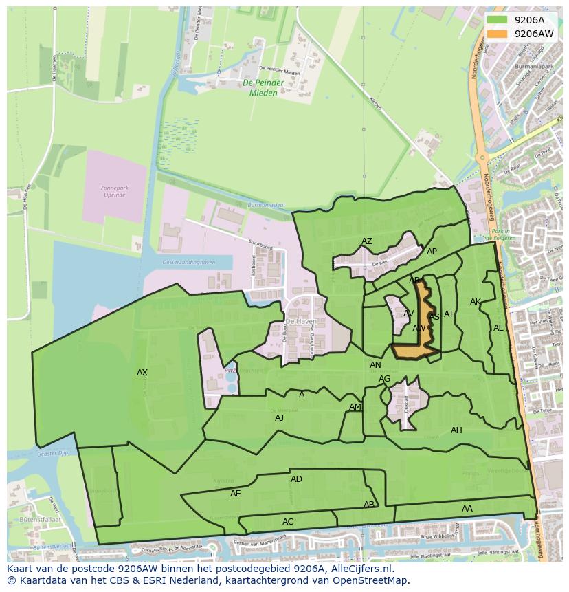 Afbeelding van het postcodegebied 9206 AW op de kaart.