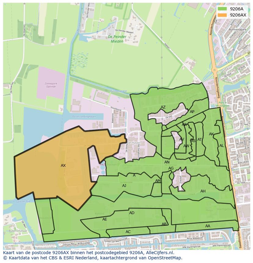 Afbeelding van het postcodegebied 9206 AX op de kaart.