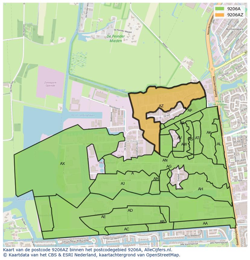 Afbeelding van het postcodegebied 9206 AZ op de kaart.