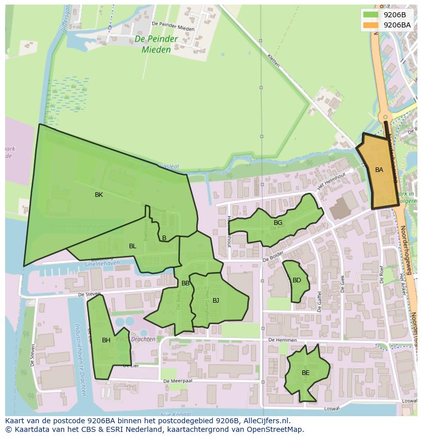 Afbeelding van het postcodegebied 9206 BA op de kaart.