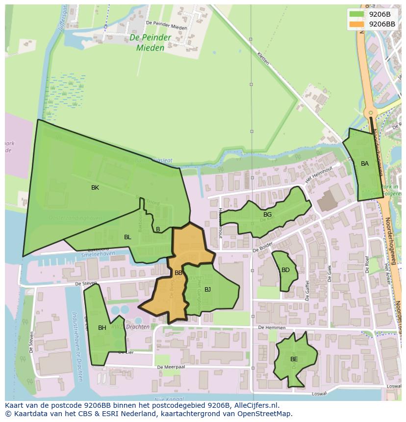 Afbeelding van het postcodegebied 9206 BB op de kaart.