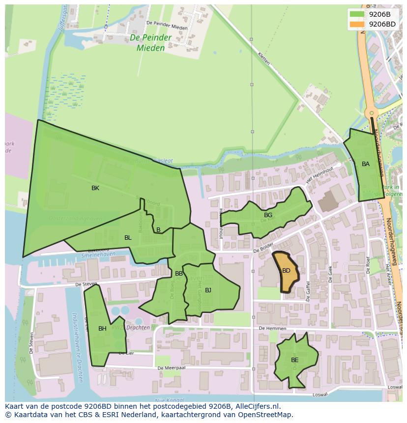 Afbeelding van het postcodegebied 9206 BD op de kaart.