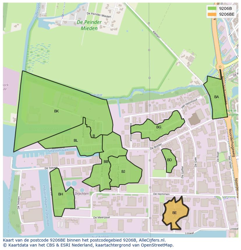 Afbeelding van het postcodegebied 9206 BE op de kaart.