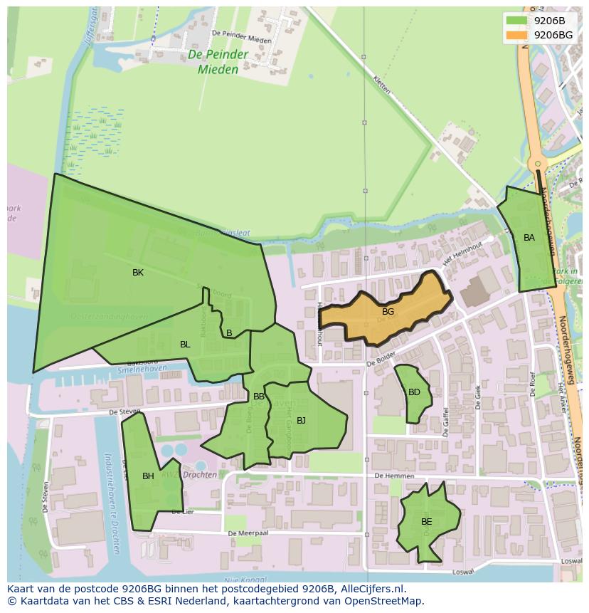 Afbeelding van het postcodegebied 9206 BG op de kaart.