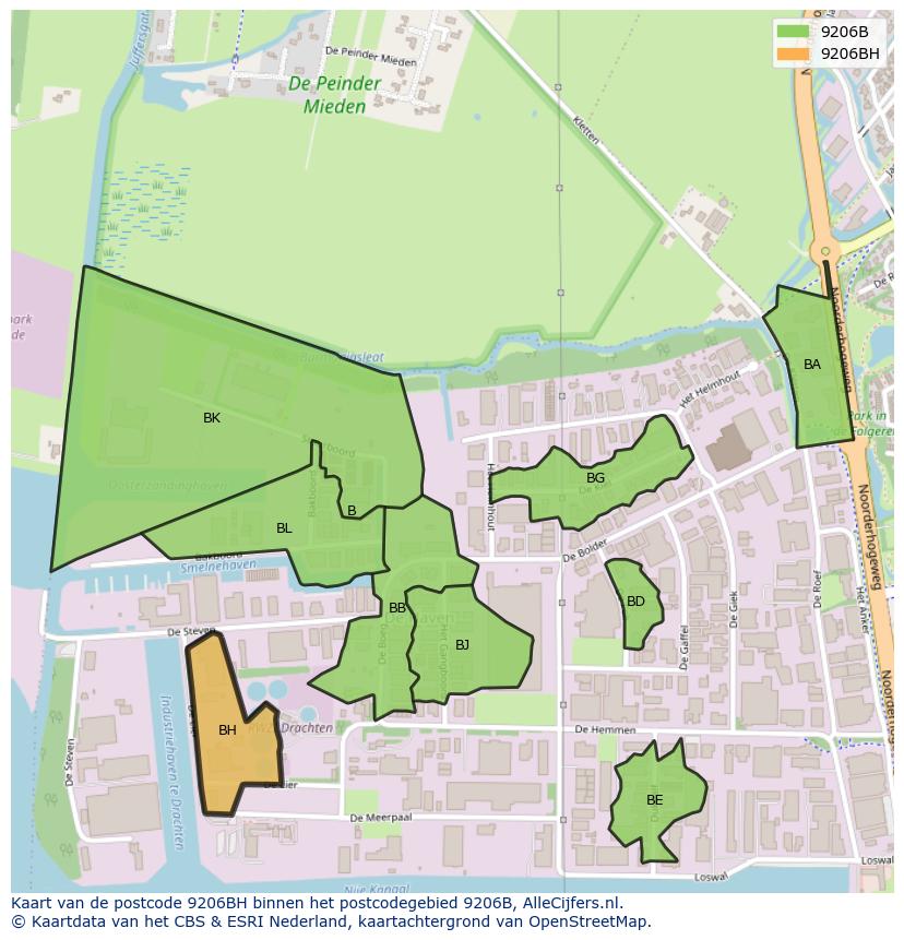 Afbeelding van het postcodegebied 9206 BH op de kaart.