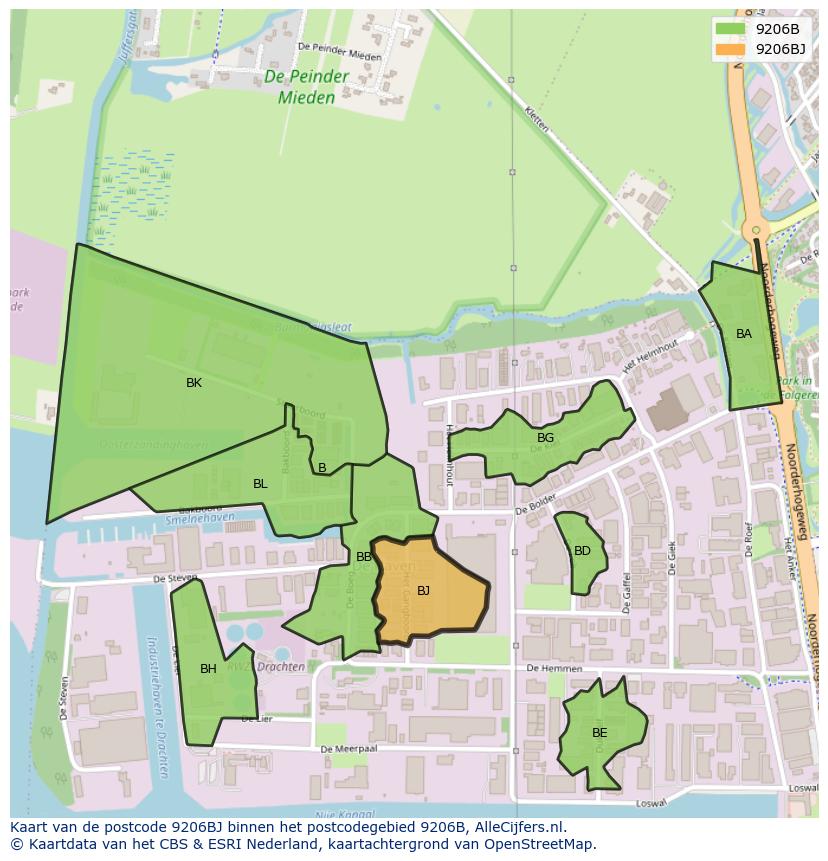 Afbeelding van het postcodegebied 9206 BJ op de kaart.
