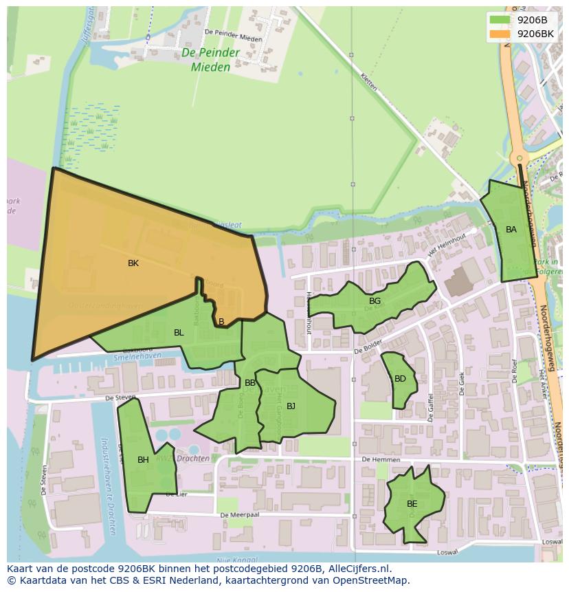 Afbeelding van het postcodegebied 9206 BK op de kaart.
