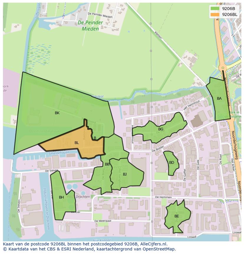 Afbeelding van het postcodegebied 9206 BL op de kaart.