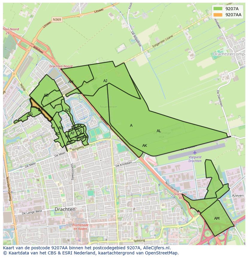 Afbeelding van het postcodegebied 9207 AA op de kaart.