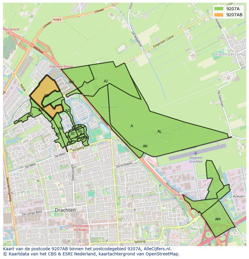 Afbeelding van het postcodegebied 9207 AB op de kaart.