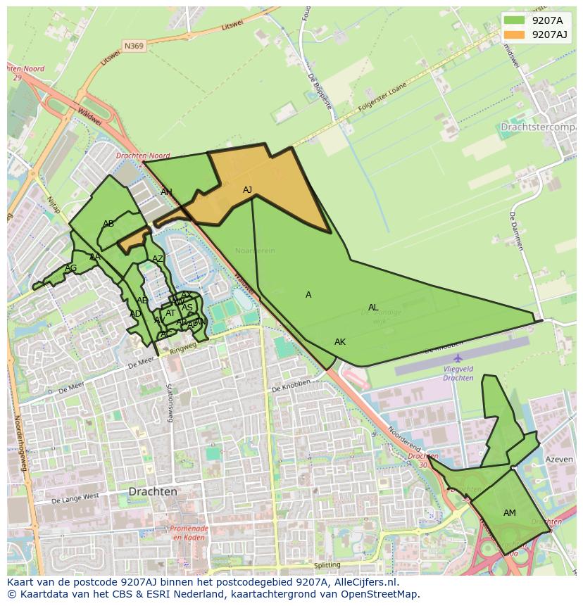 Afbeelding van het postcodegebied 9207 AJ op de kaart.