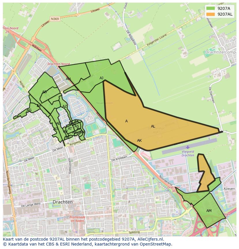 Afbeelding van het postcodegebied 9207 AL op de kaart.