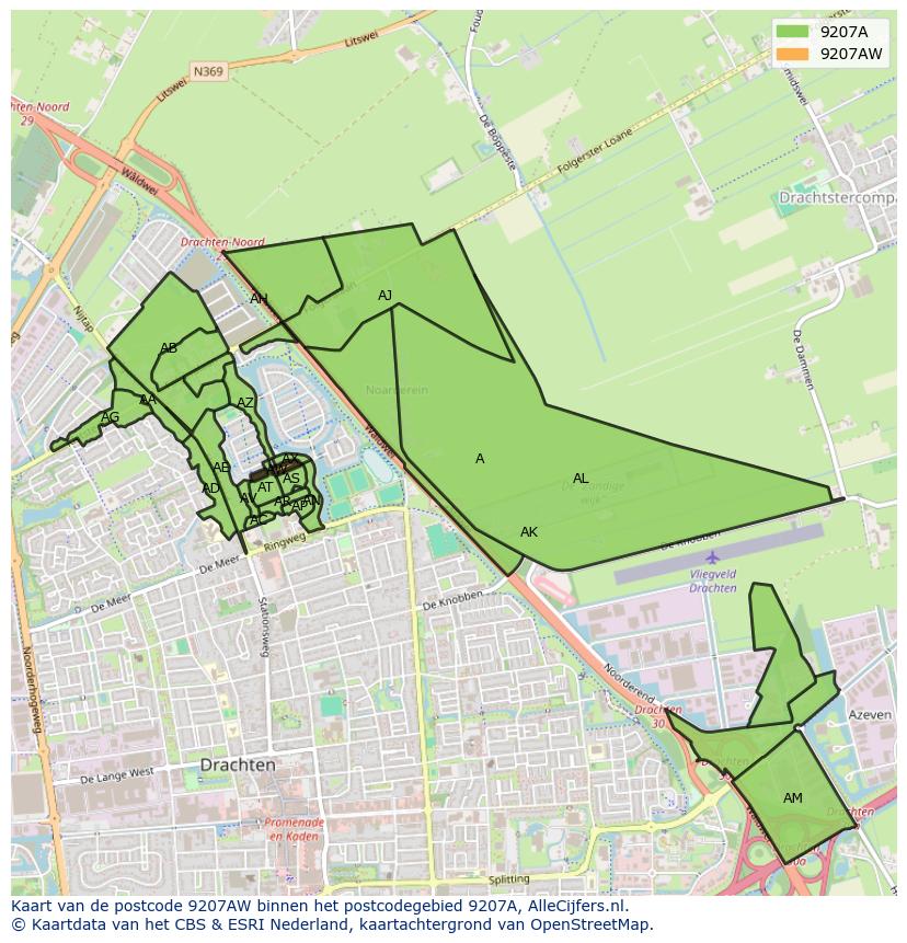 Afbeelding van het postcodegebied 9207 AW op de kaart.