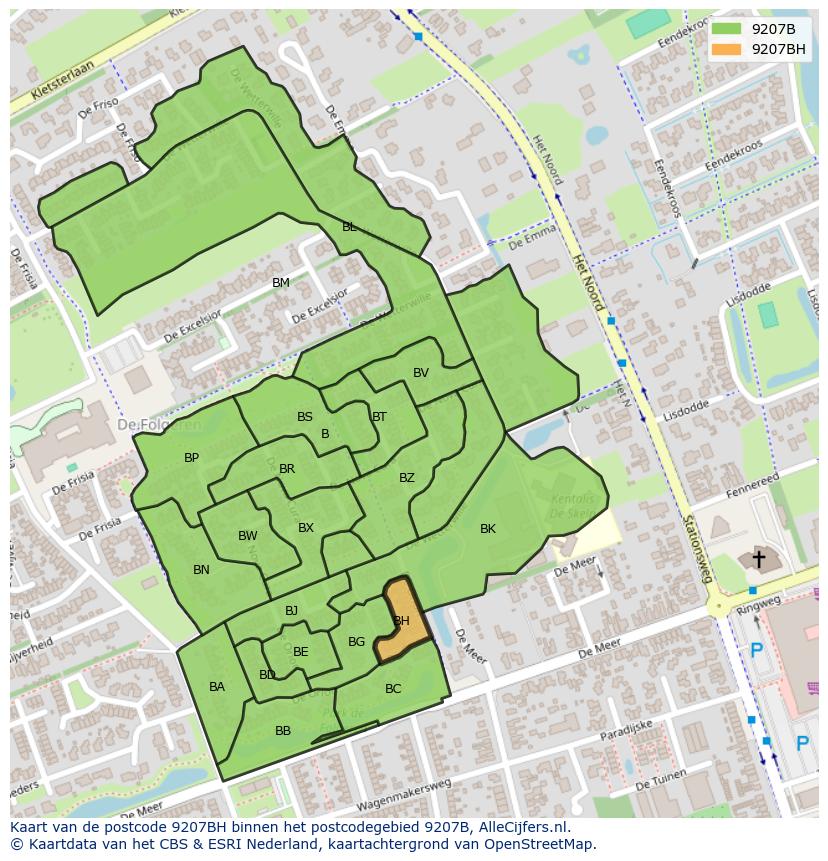 Afbeelding van het postcodegebied 9207 BH op de kaart.