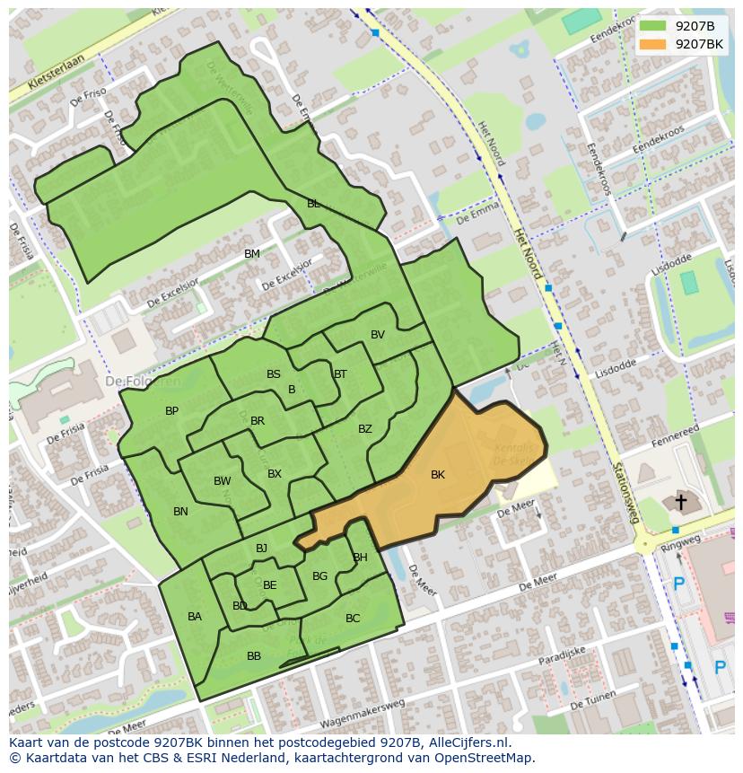 Afbeelding van het postcodegebied 9207 BK op de kaart.