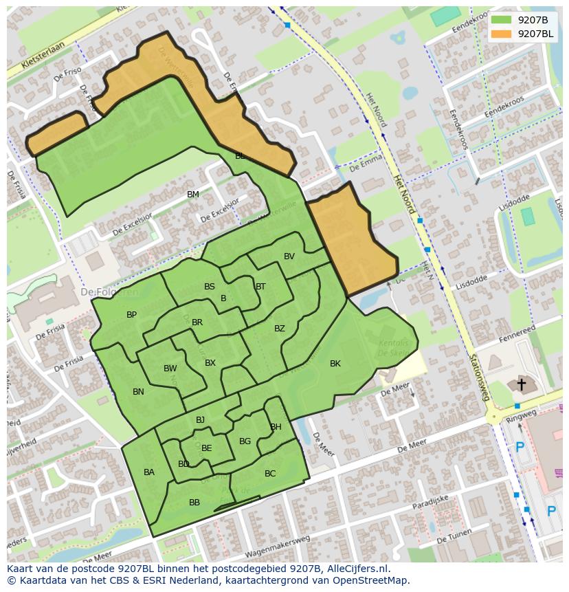 Afbeelding van het postcodegebied 9207 BL op de kaart.