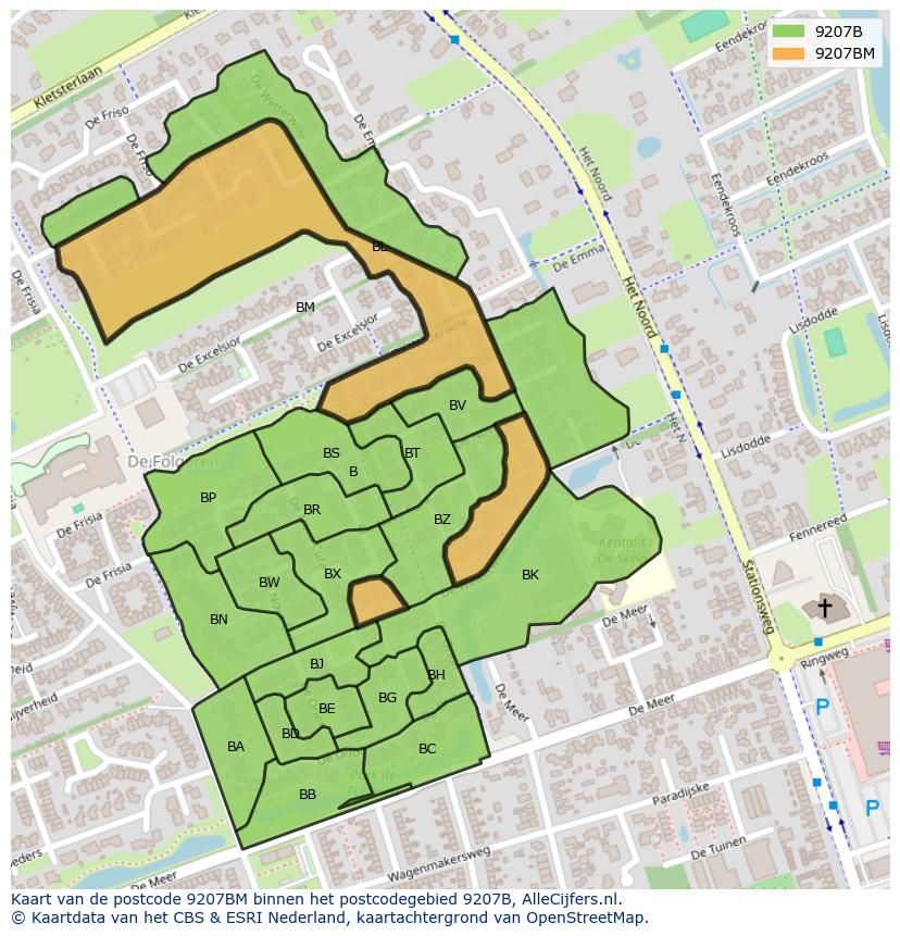 Afbeelding van het postcodegebied 9207 BM op de kaart.