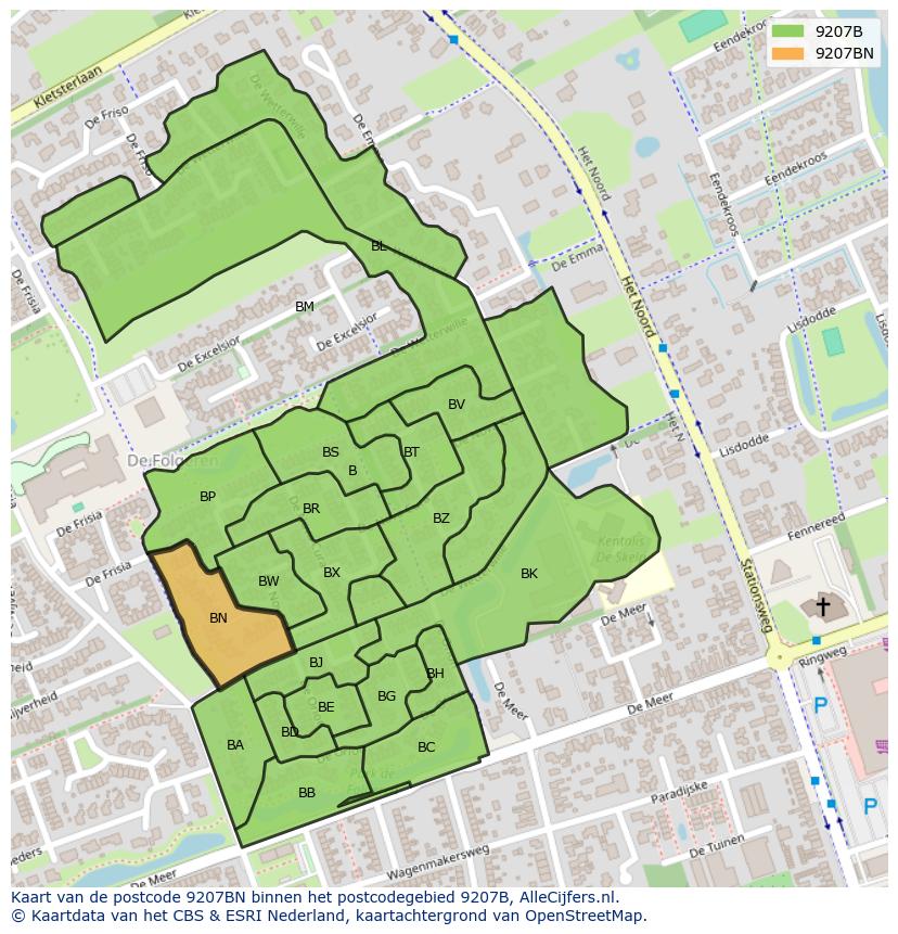 Afbeelding van het postcodegebied 9207 BN op de kaart.