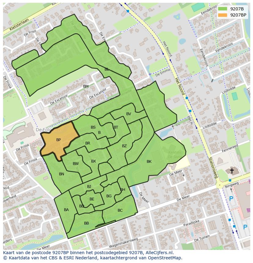 Afbeelding van het postcodegebied 9207 BP op de kaart.