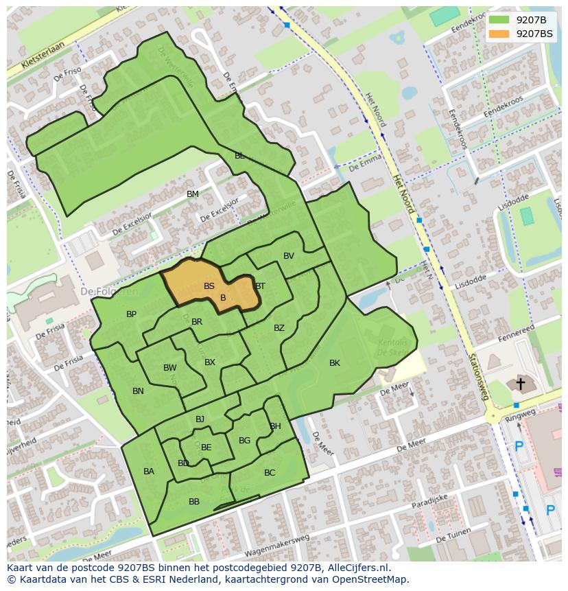 Afbeelding van het postcodegebied 9207 BS op de kaart.