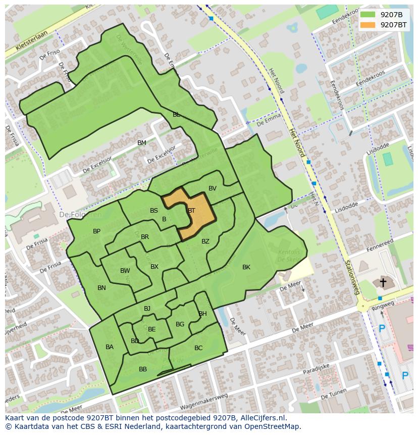 Afbeelding van het postcodegebied 9207 BT op de kaart.
