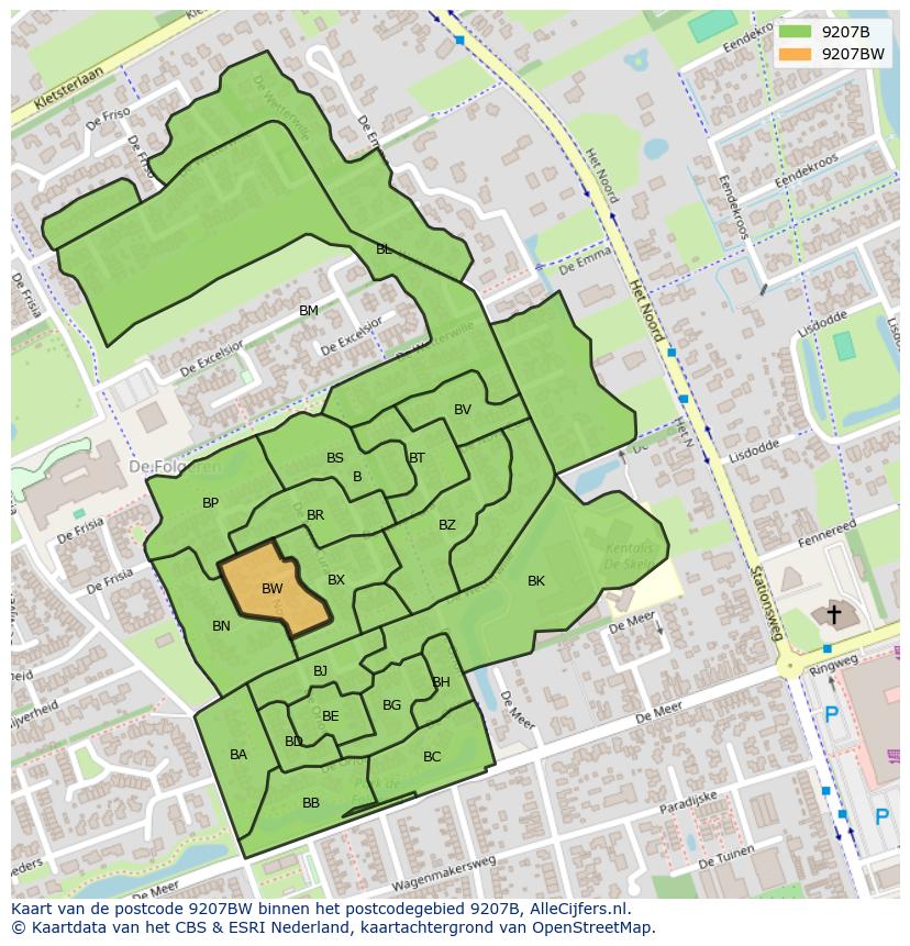 Afbeelding van het postcodegebied 9207 BW op de kaart.