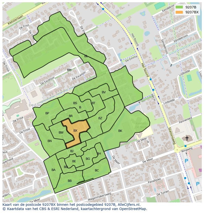 Afbeelding van het postcodegebied 9207 BX op de kaart.