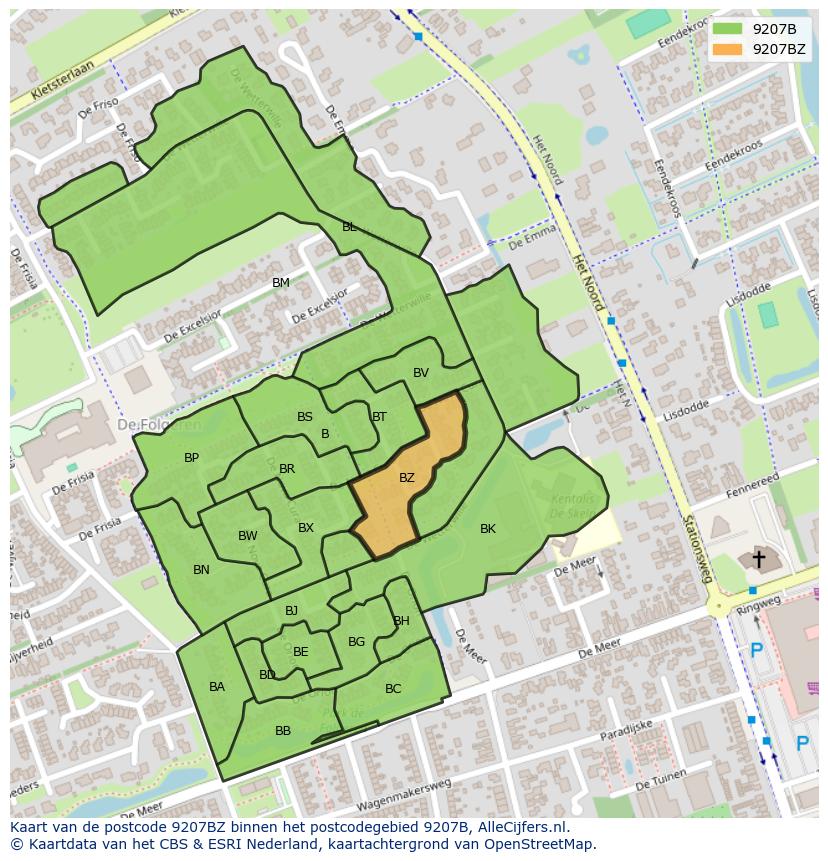 Afbeelding van het postcodegebied 9207 BZ op de kaart.