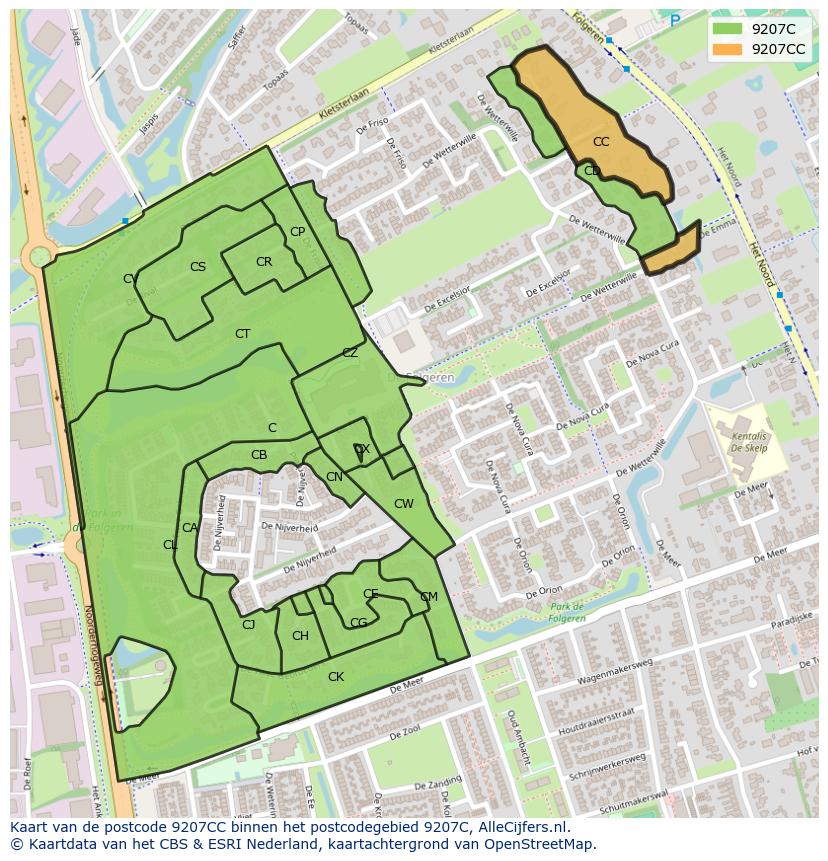 Afbeelding van het postcodegebied 9207 CC op de kaart.
