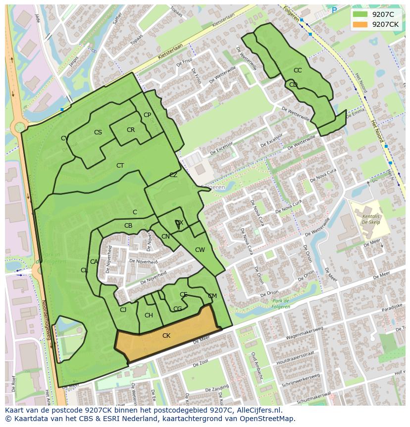 Afbeelding van het postcodegebied 9207 CK op de kaart.