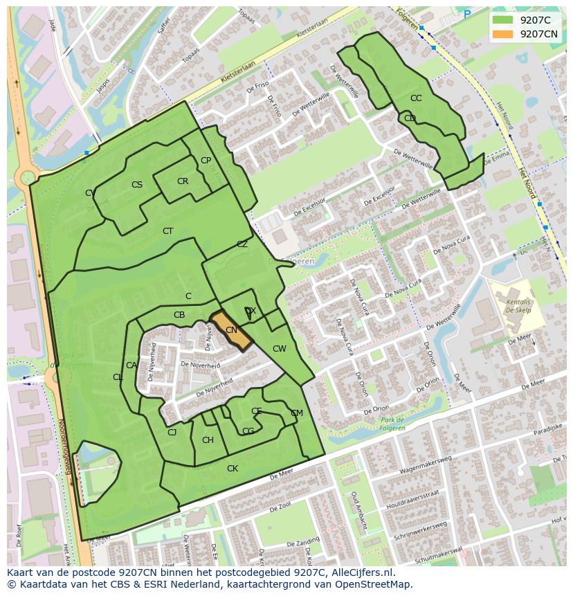 Afbeelding van het postcodegebied 9207 CN op de kaart.