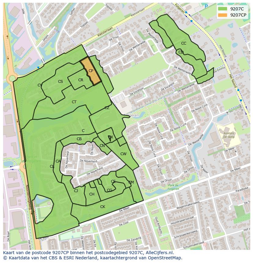 Afbeelding van het postcodegebied 9207 CP op de kaart.