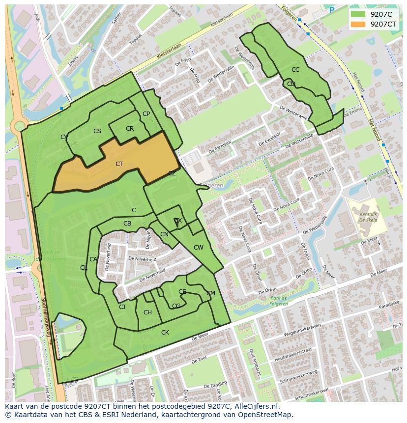 Afbeelding van het postcodegebied 9207 CT op de kaart.