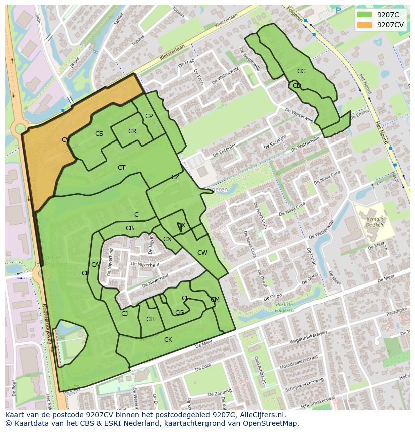 Afbeelding van het postcodegebied 9207 CV op de kaart.