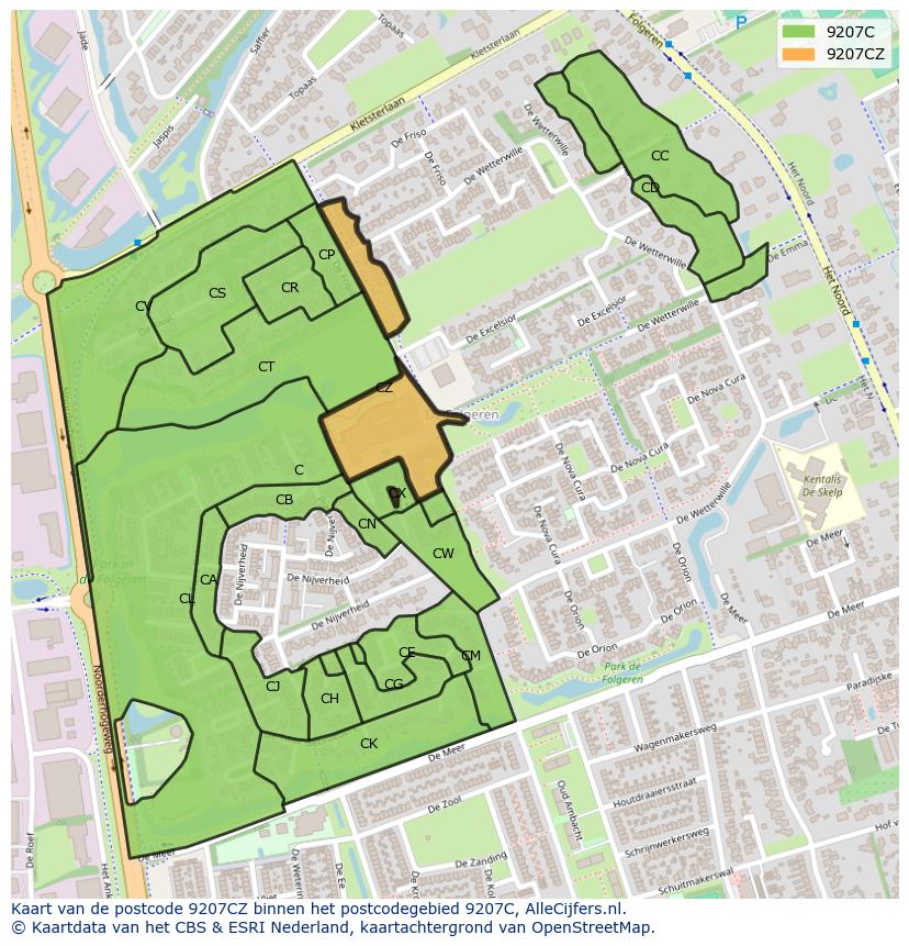 Afbeelding van het postcodegebied 9207 CZ op de kaart.